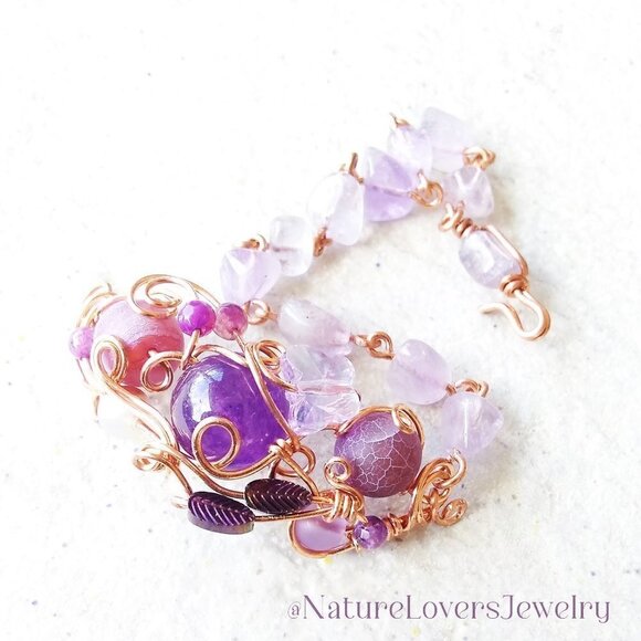 Lilac & Purple Butterfly + Gemstone Bracelet! Amethyst + Agate + WireWrap Copper - Picture 11 of 14